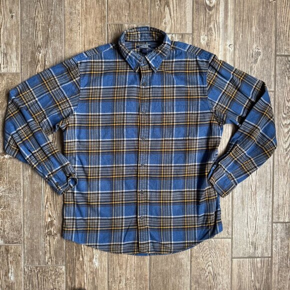Lands End Flannel Shirt Mens L Traditional Plaid Blue Yellow Thick Soft Button - Picture 3 of 7
